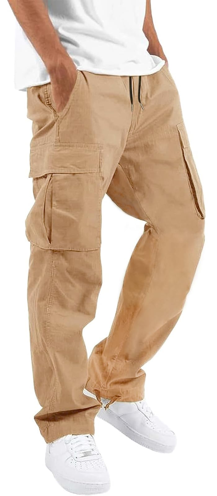 HUNGSON Mens Cargo Pants Drawstring Casual Hiking Pants Joggers Athletic Trousers Cotton Loose Straight Sweatpants for Men